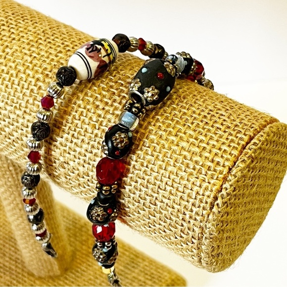 Red Black Glass Southwestern Bracelet Silver Handmade Western Rustic Earthy 2x - Picture 3 of 6